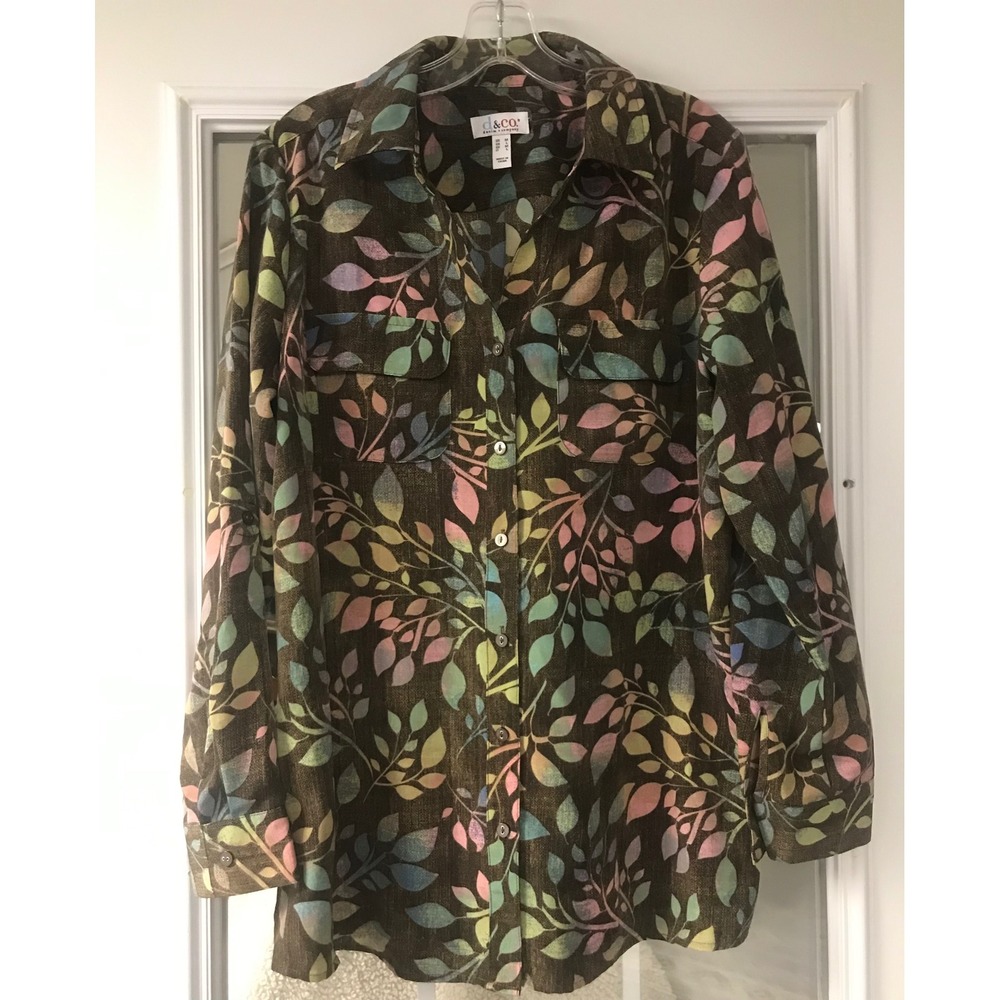d&co Denim Company Women's Medium Brown Leaf Print Button‎ Up Shirt Top